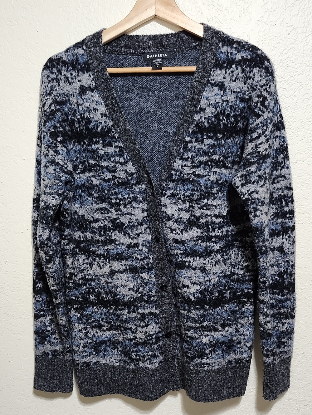 Athleta Westlake Textured Cardigan Sweater SzSm Blue Black Marl Merino Blend